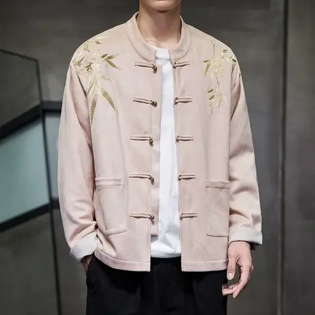 新款秋季中国风男夹克竹子刺绣上衣麂皮绒盘扣复古粉色民族风外套图片