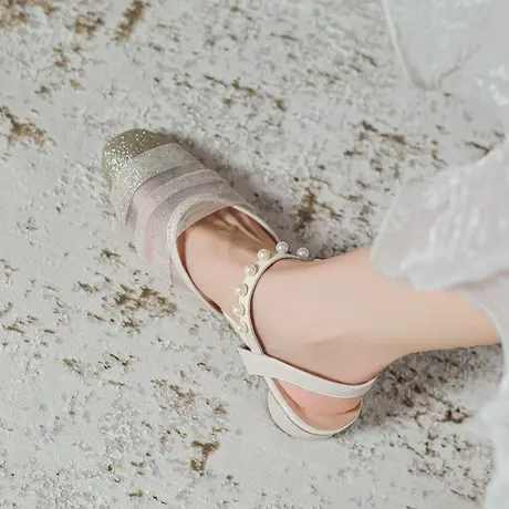 网纱包头凉鞋女仙女风2023年夏季新款粗跟珍珠时尚中跟玛丽珍单鞋图片