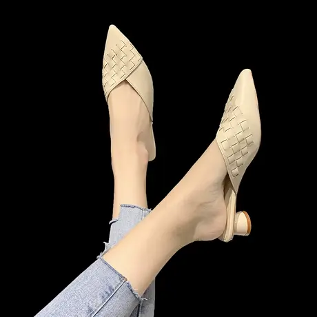 2023春季新款中跟粗跟韩版女拖鞋编织女凉拖尖头包头拖外穿半拖鞋图片