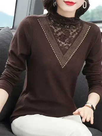 半高领德绒打底衫女秋冬内搭长袖妈妈时尚蕾丝小衫女高档洋气上衣图片