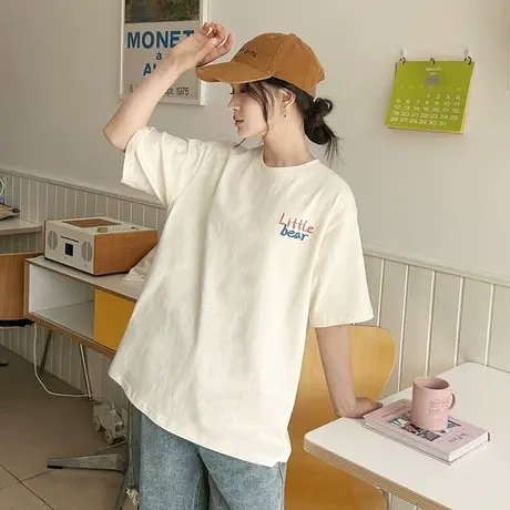 唐狮夏季T恤衫女士白色宽松圆领短袖打底衫纯棉洋气减龄上衣辣妹图片
