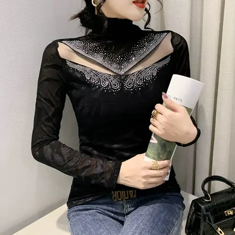 欧货性感网纱T恤女长袖心机镂空气质上衣内搭加绒高领打底衫春秋商品大图