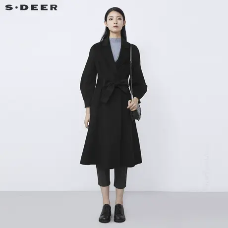 sdeer圣迪奥2021冬新品休闲西装领收腰黑色长款毛呢大衣S21481840💭图片