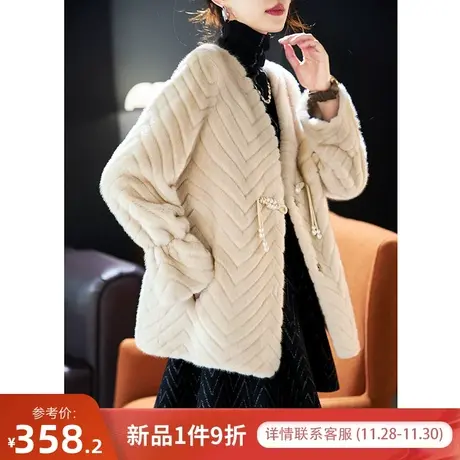 宝诗黎V领一粒扣冬季温柔貂毛短外套2023新款高级感宽松开衫上衣图片