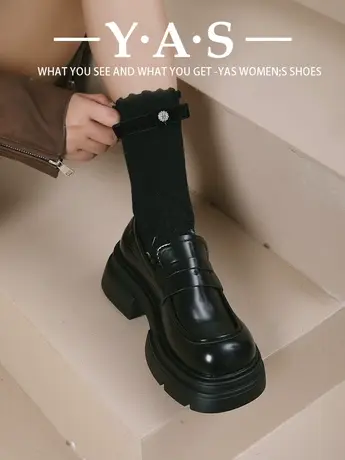 厚底粗跟英伦风小皮鞋女2023秋冬新款一脚蹬日系JK单鞋黑色乐福鞋商品大图