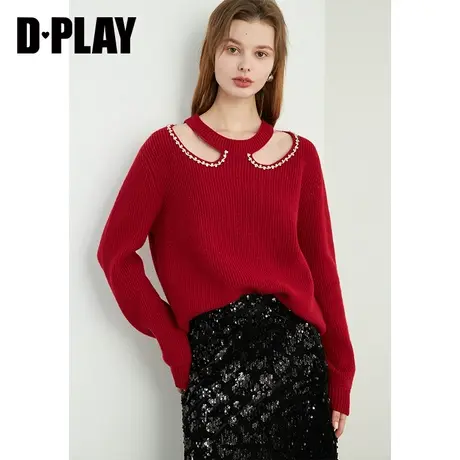 DPLAY春新年节日氛围感羊毛红色圆领镂空闪钻针织套头毛衣商品大图
