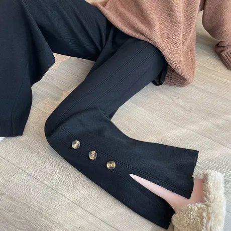 断码清仓不退不换开叉针织微喇裤女高腰显瘦加厚阔腿拖地喇叭裤子商品大图