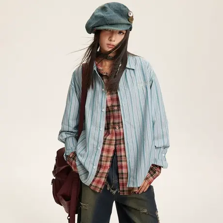 潮牌复古蓝色条纹衬衫女春秋2024新款美式小众上衣宽松设计感衬衣商品大图