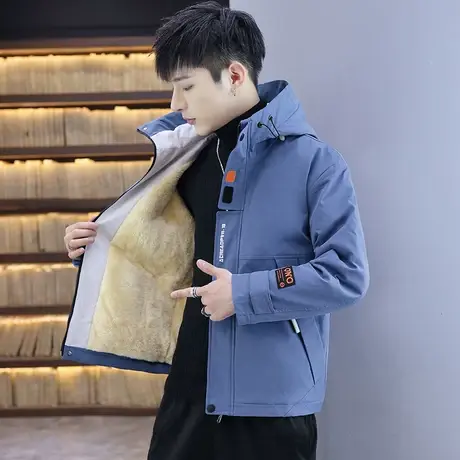 2023秋冬季加绒加厚外套男连帽工装夹克初中高中学生冬装棉服上衣图片