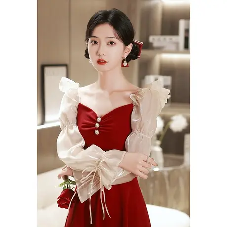 敬酒服新娘酒红色平时可穿结婚订婚礼服连衣裙高级感仙气纱袖方领图片