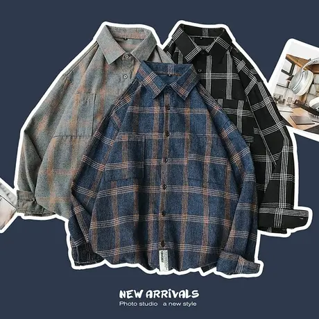 长袖衬衫男秋冬季休闲宽松潮牌格子衬衣外套日系cityboy潮流上衣商品大图