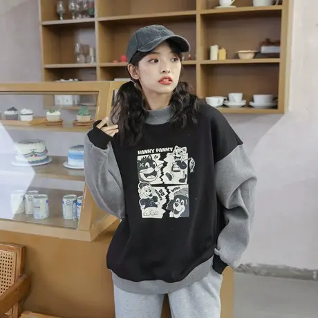 【清仓直降】黑色半高领无帽加绒卫衣女冬加厚小个子设计感小众图片