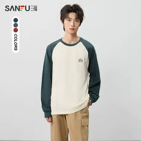 三福2024春季男士小狗小标插肩袖长T恤 休闲纯棉上衣男482570商品大图