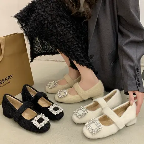 小香风高跟水钻白色水貂毛毛鞋女冬外穿中粗跟方头玛丽珍加绒棉鞋图片