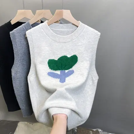 2024春季新款圆领提花针织马甲背心女坎肩百搭上衣叠穿无袖毛衣女商品大图