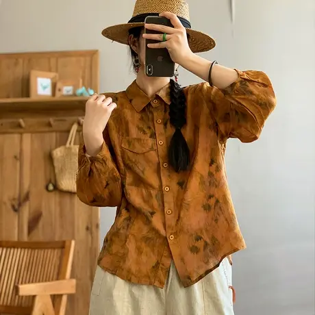 dza 复古气质苎麻上衣女士衬衫春季新款宽松泼墨国风翻领棉麻衬衣图片