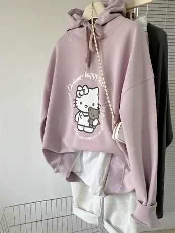 小花猫小众慵懒风帽衫上衣女学生春装减龄INS潮宽松大版连帽卫衣商品大图