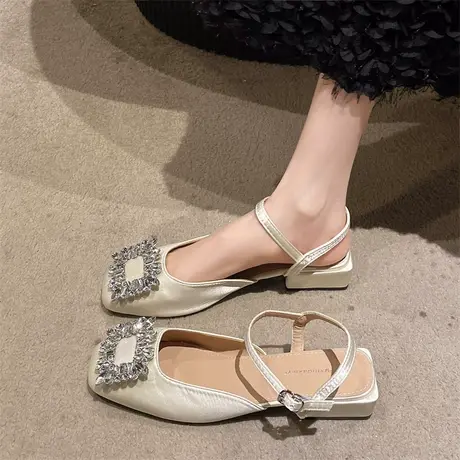 玛丽珍鞋女2024新款春季水钻粗跟凉鞋配裙子气质温柔白色小皮鞋夏商品大图