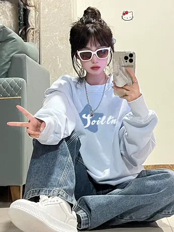 奶蓝色卫衣女秋冬加绒加厚设计感潮牌美式复古圆领宽松慵懒风上衣图片