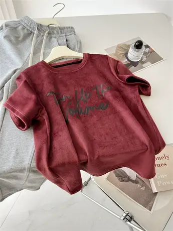 红色加厚丝绒圆领正肩短袖T恤女春秋新款设计感半袖上衣打底衫商品大图