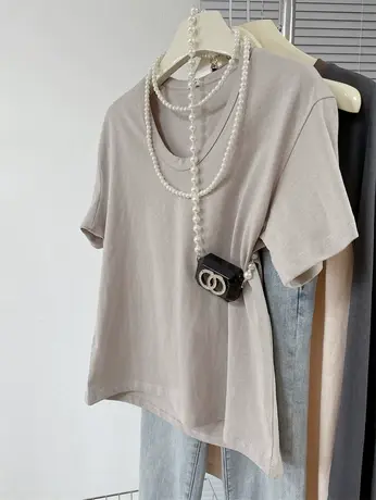 鹅蛋领基础净版水洗棉2024夏季新款百搭洋气女款韩系短袖打底T恤商品大图