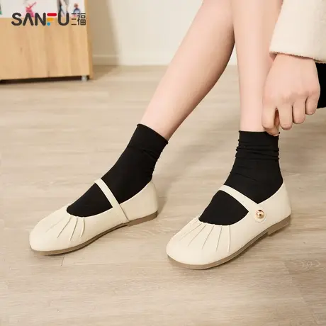 三福淑女鞋春季法式田园褶皱软底萌系大头通勤时尚女鞋828103商品大图