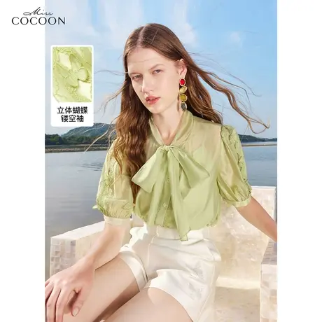 miss COCOON法式上衣2023新款夏季女气质翻领系带纯色短袖雪纺衫商品大图