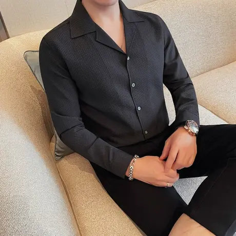 新中式古巴领衬衫男长袖春夏简约气质黑白上衣华夫格休闲通勤寸衣图片