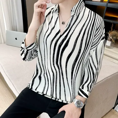 宽松男款夏装短袖衣潮牌V领雪纺衫痞帅七分袖垂感衬衫领POLO衫T恤商品大图