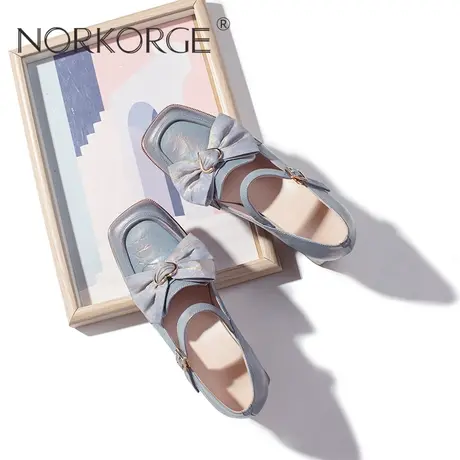 2024新款春秋复古文艺蓝金色玛丽珍单鞋女鞋真皮方头蝴蝶结高跟鞋商品大图