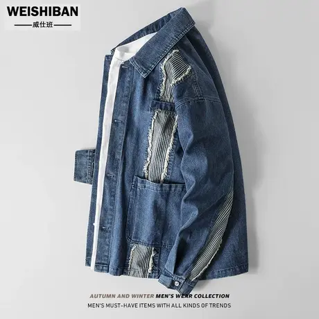 美式复古小众不规则拼接牛仔外套潮流设计感短款怀旧翻领夹克上衣商品大图