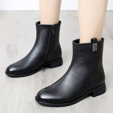 秋季新款加绒短靴平带棉靴2023大码女靴40一43低跟软底真皮时装靴图片