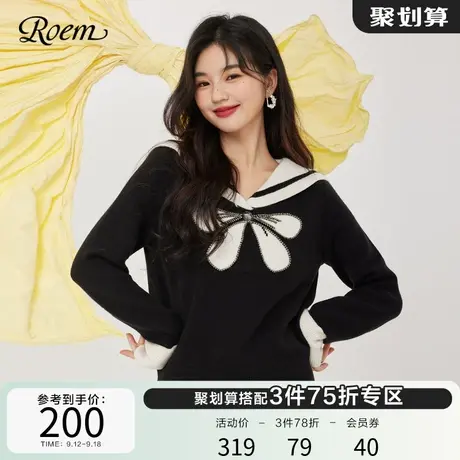 Roem春秋 商场同款简约通勤海军领甜美蝴蝶结长袖套头针织衫女图片