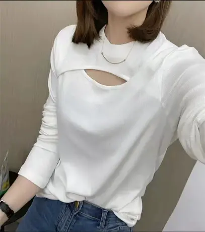 设计感镂空性感打底衫女2022春季新韩版修身百搭上衣气质长袖t恤图片