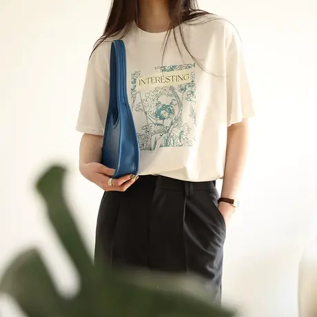 2023新款圆领休闲印花短袖T恤女夏上衣女图片