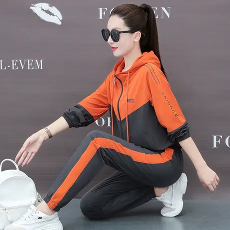 梭织布休闲运动服套装女春秋季时尚宽松连帽拉链卫衣外套两件套潮图片
