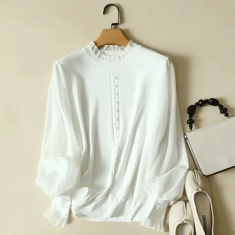 秋季女2023年新款雪纺袖冰丝针织衫女长袖宽松上衣洋气蕾丝打底衫图片