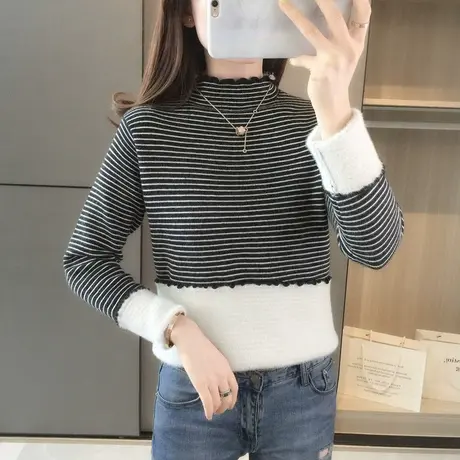 半高领加绒加厚打底衫女士秋冬新款保暖条纹内搭一体绒毛衣冬季商品大图
