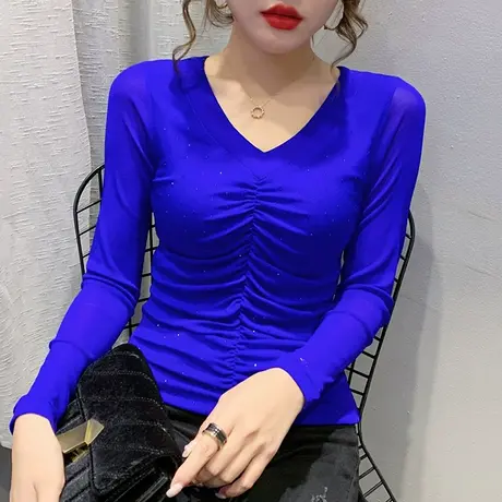 2023春秋新款时尚烫钻T恤女长袖个性褶皱网纱上衣洋气百搭打底衫商品大图