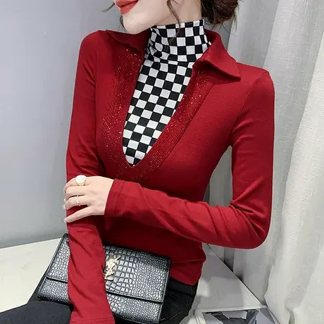 加绒加厚打底衫女内搭秋冬撞色假两件上衣半高领修身百搭T恤长袖商品大图