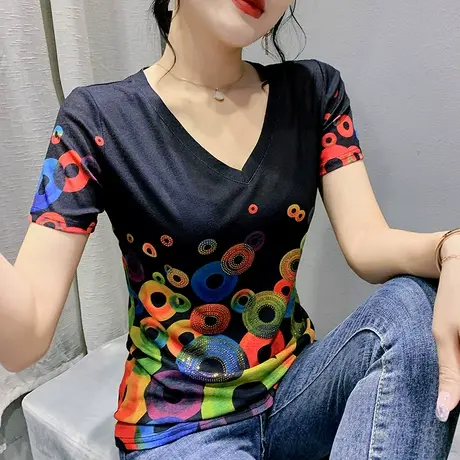 性感短袖女欧货修身显瘦t恤2023洋气烫钻印花小衫百搭网纱V领上衣商品大图