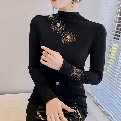 加绒磨毛半高领打底衫女秋冬网纱拼接上衣内搭修身气质T恤长袖ins商品大图