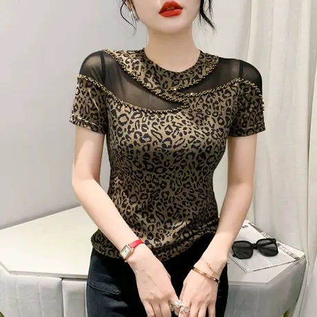 性感镂空T恤女短袖洋气网纱拼接上衣欧货时尚豹纹小衫修身体恤ins商品大图