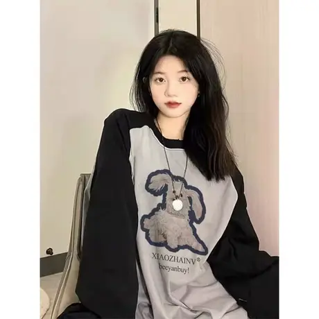 黑灰插肩长袖t恤女秋冬2023新款oversize独特别致内搭打底衫上衣商品大图