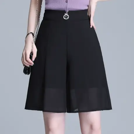 夏季雪纺阔腿裤女2023新款高腰宽松垂感五分裙裤薄款休闲百搭短裤商品大图