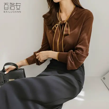 百洛安撞色飘带领针织衫女百搭套头毛衫秋装新款气质显瘦长袖毛衣图片