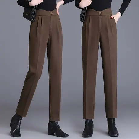 咖啡色毛呢哈伦裤女秋冬直筒2023新款显瘦裤子梨形身材高腰西装裤商品大图