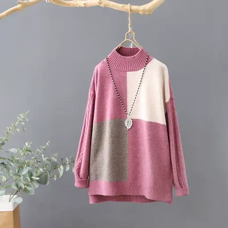 韩版方块拼接半高领毛衣女秋冬新款撞色套头上衣宽松针织衫打底衫图片
