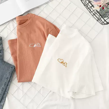 2021年夏季新款简约刺绣短袖T恤女学生纯棉白色宽松休闲百搭半袖图片