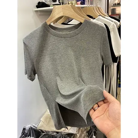 欧货螺纹短袖T恤女2023夏装新款设计感下摆开叉半袖体恤上衣ins潮商品大图